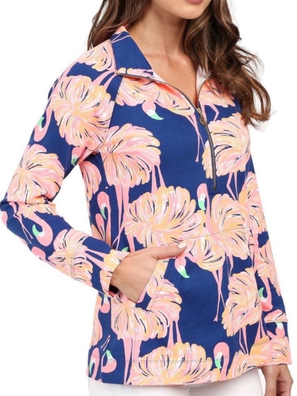 Navy blue Lilly Pulitzer Skipper Popover size small. Flamingo design.